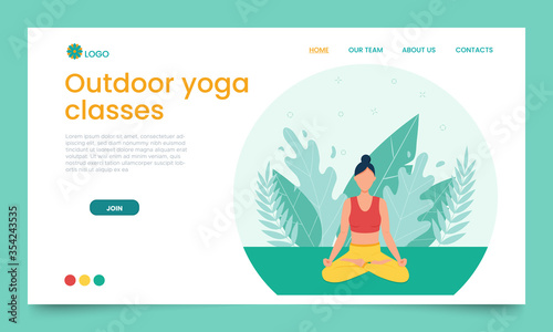 The girl practices yoga in the open air. Landing page template. The concept of outdoor yoga.Yoga classes in nature. Flat style. Woman sit in the Lotus position. Banner with a female cartoon character
