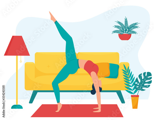 The girl practices yoga at home. The concept of yoga classes at home. Practice yoga in the living room. Flat. Healthy lifestyle. Female character on the background of home furniture.