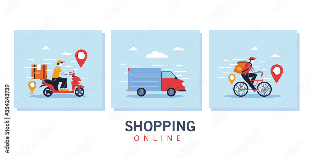 set ofo icons delivery service, transportation and logistics of digital shopping