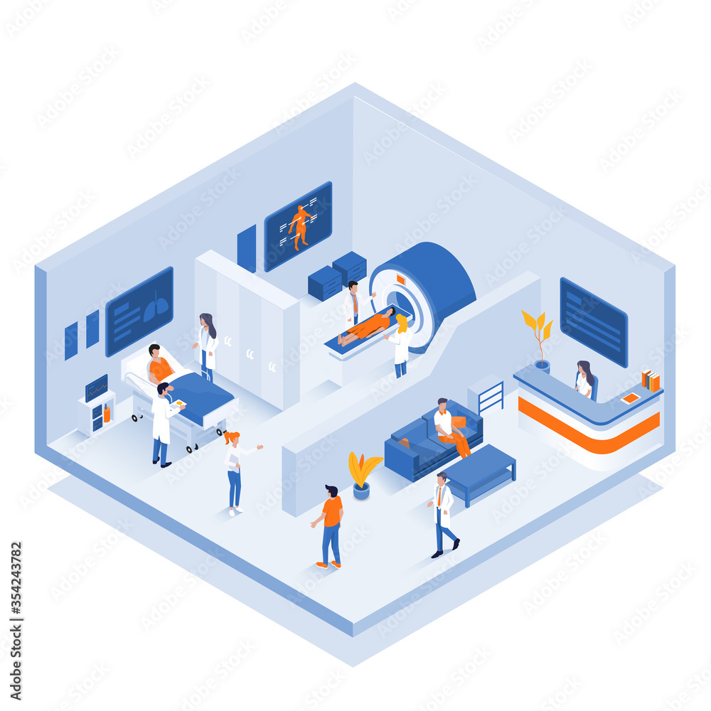 Obraz premium Isometric Infographics of virtual medical clinic with rooms. Innovative healthcare concept. Can be used for presentations banner, workflow layout, info graph. Vector Illustration