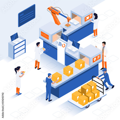 Innovative contemporary smart industry: product design, automated production line, delivery and distribution with people, industry 4.0 concept. Modern Flat Isometric Vector design