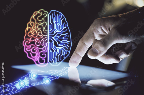 Wallpaper Mural Double exposure of man's hand holding and using a digital device and brain hologram drawing. Data concept. Torontodigital.ca