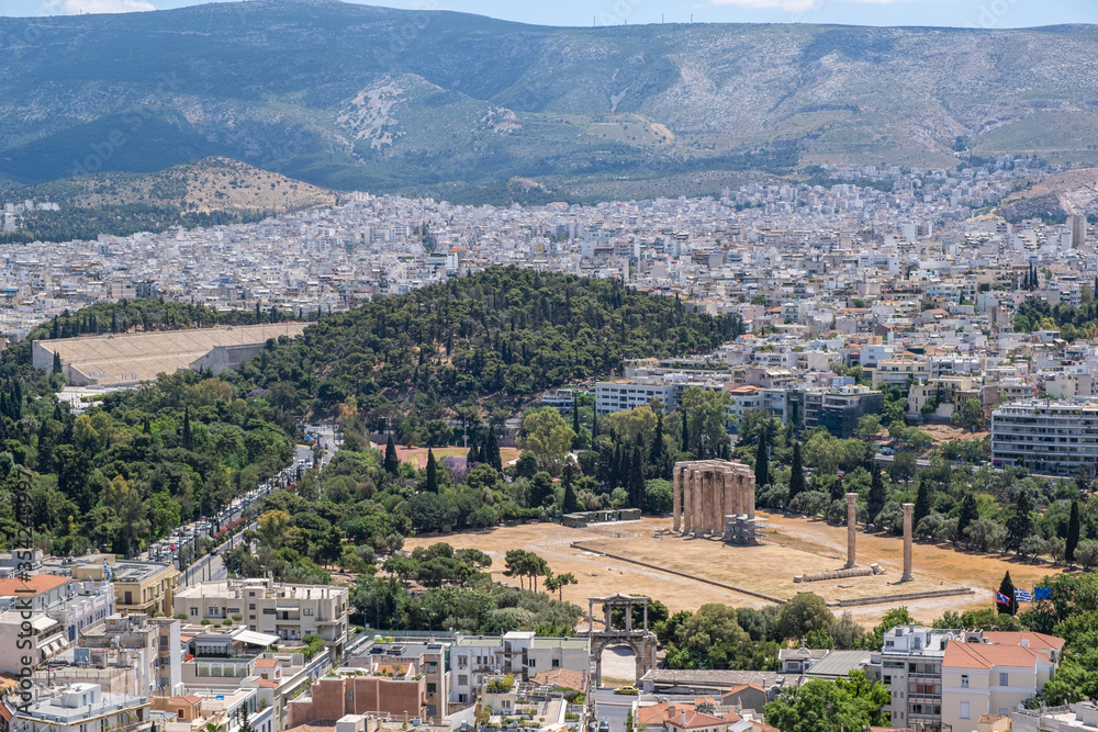 Olympian Zeus temple and Panathenaic ancient stadium in Athens, view from Acropolis hill. Attica, Greece