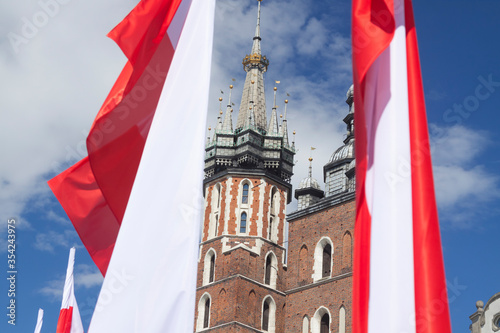 Flags of Poland, Krakow, Main Market, Virgin Mary Church