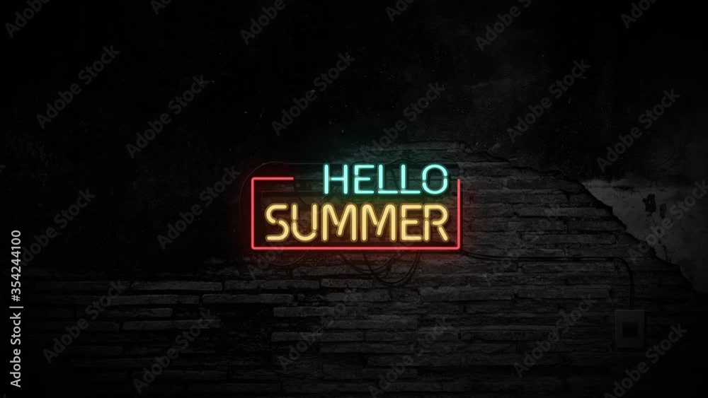 Hello summer sign neon light on stone brick wall background. Business service and holiday travel concept. Hello summer sign neon light on stone brick wall background. Business service and holiday travel concept.