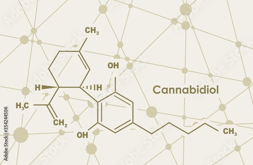 Cannabidiol or CBD molecular structural chemical formula. Connected lines with dots background.