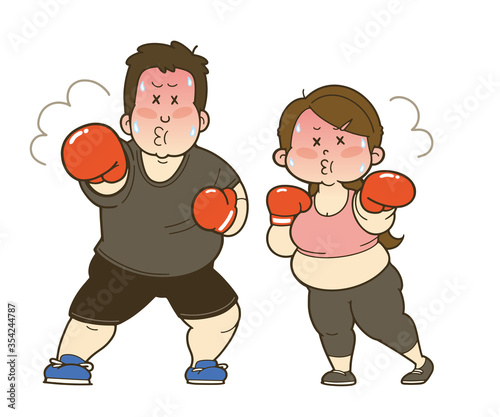ボクササイズでダイエットする肥満男女のイラスト