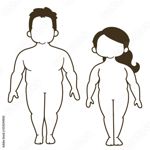 男女の人体のイラスト　線画　正面　肥満