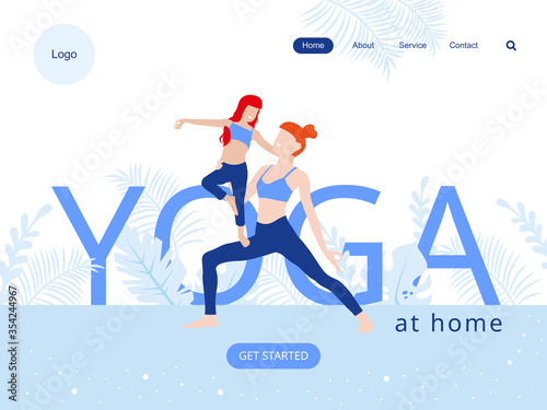 Landing page template. Concept of a web page for yoga classes. Mother and daughter doing yoga online at home.