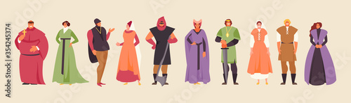 Medieval cartoon people in historical costumes. Royal characters vector set
