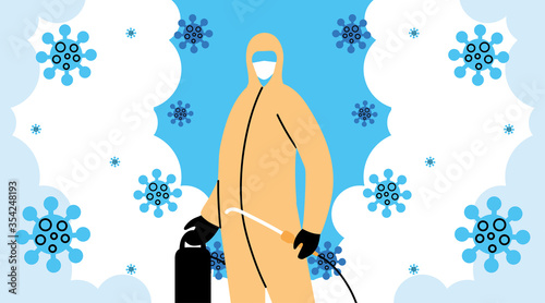 man wears protective suit, disinfection by coronavirus or covid 19