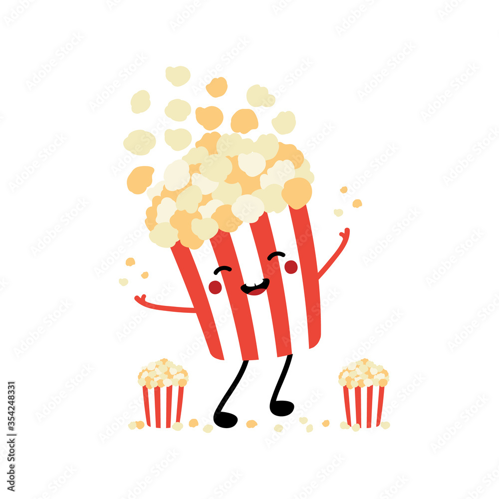 Cute cartoon style popcorn bucket character smiling, having fun
