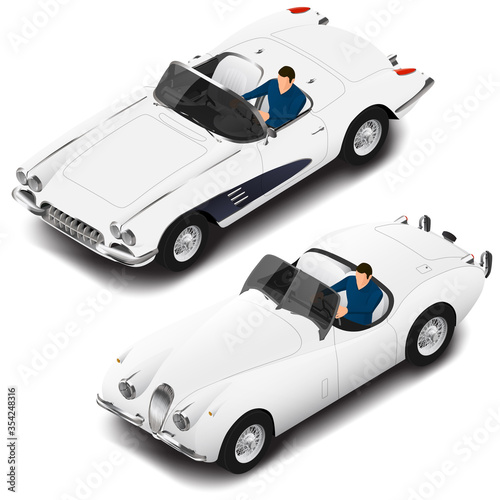 Vector isometric retro coupe sportcar with driver. Transport icon