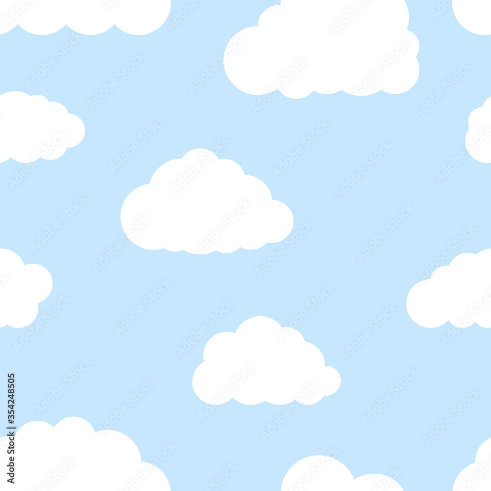 Seamless pattern with cartoon clouds on a blue sky. Simple image. Vector illustration.