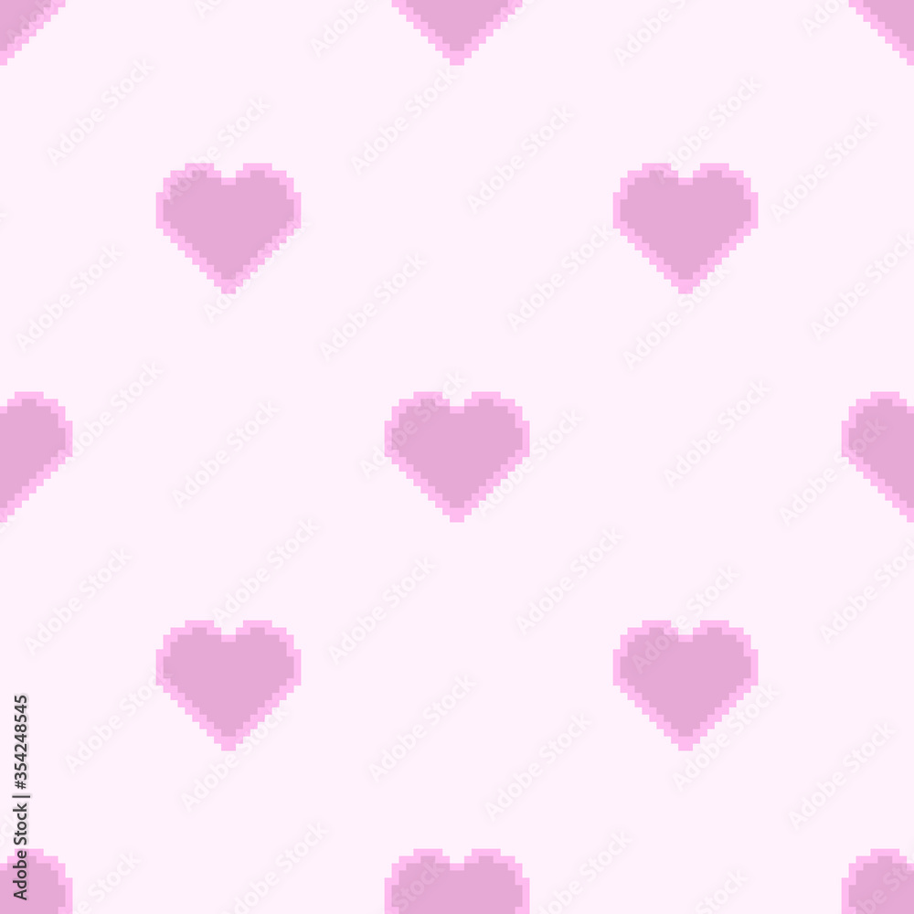 Seamless pattern with pixel pink hearts on a gently pink background. Cartoon vector illustration.