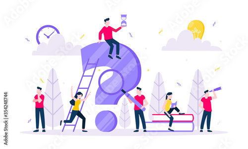 Q and A or FAQ concept with tiny people character, big question mark, frequently asked questions template. Answers business support concept flat style design vector illustration.