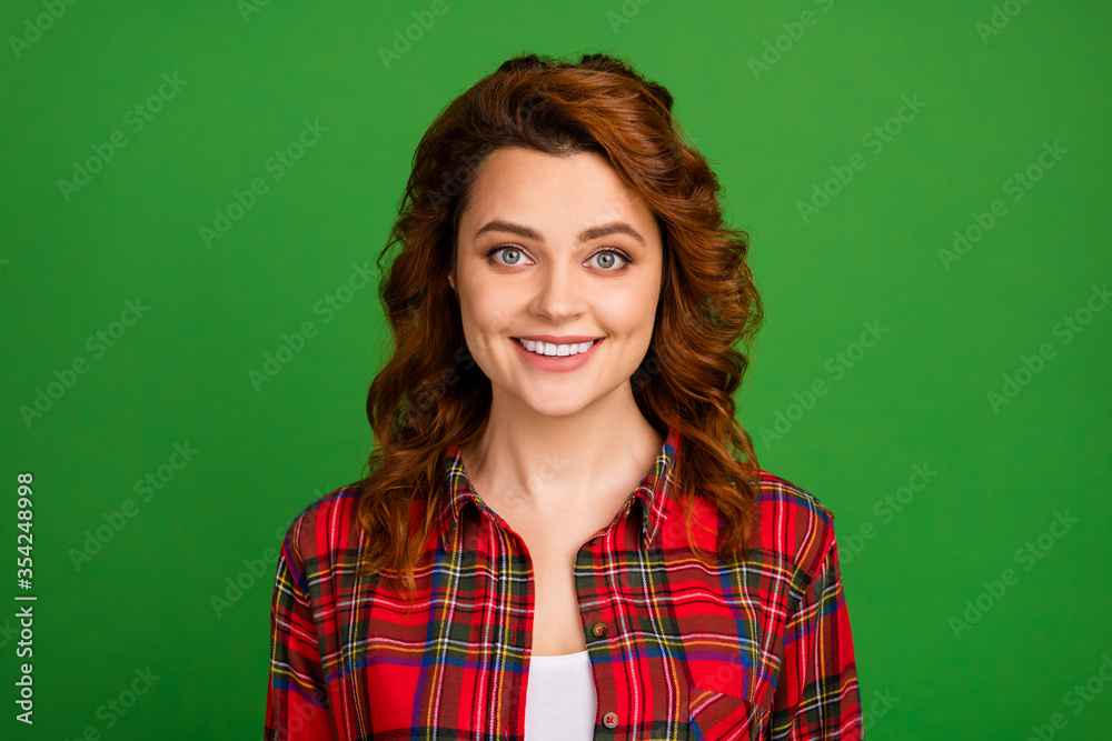 Close-up portrait of her she nice-looking attractive lovely pretty cute cheerful wavy-haired girl wearing checked shirt isolated over bright vivid shine vibrant green color background Close-up portrait of her she nice-looking attractive lovely pretty cute cheerful wavy-haired girl wearing checked shirt isolated over bright vivid shine vibrant green color background