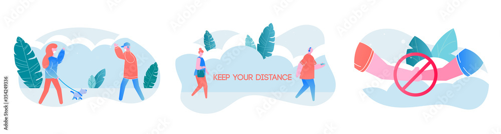 vector illustration collection of people in park keeping safe distance and person shaking hands with prohibitory sign on white background vector illustration collection of people in park keeping safe distance and person shaking hands with prohibitory sign on white background
