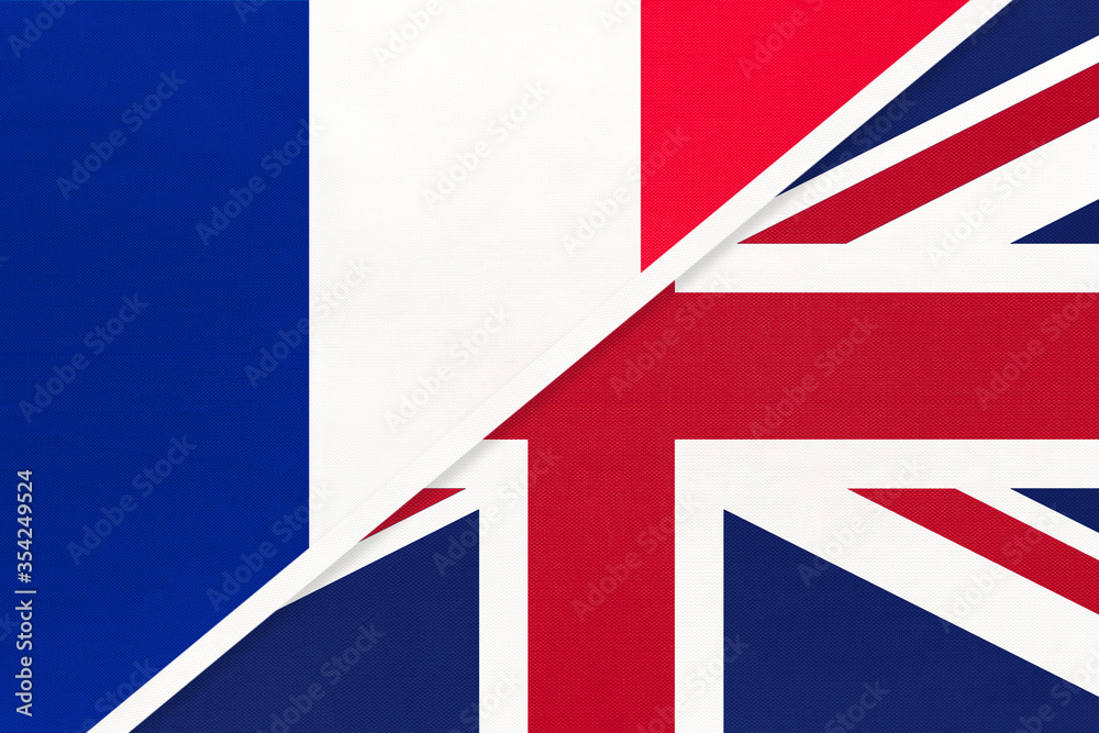 France and United Kingdom, symbol of two national flags from textile. Championship between two european countries. France and United Kingdom, symbol of two national flags from textile. Championship between two european countries.