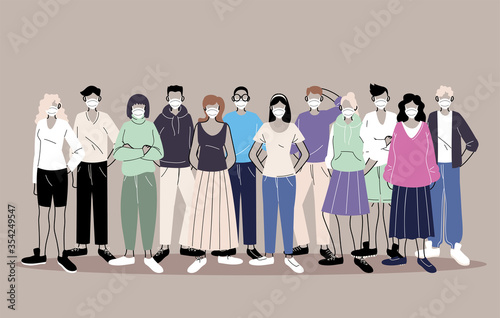 group of people in protective medical face masks, woman and man wearing protection from coronavirus