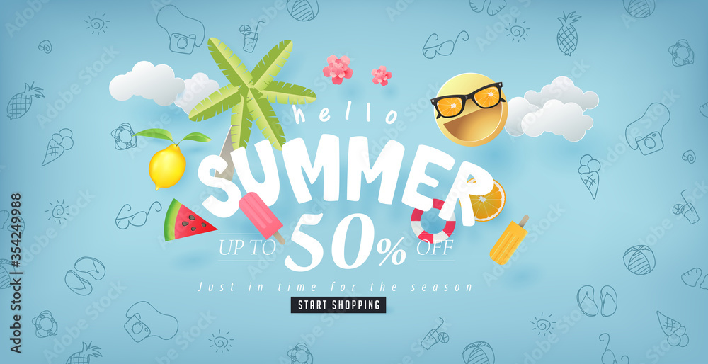 Summer sale design with paper cut summer elements background.Vector illustration template.