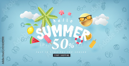 Summer sale design with paper cut summer elements background.Vector illustration template.
