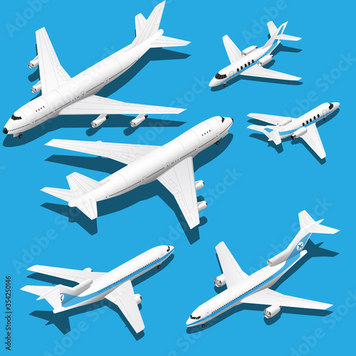 Isometric planes set. Private jet, 2 reactive passenger planes