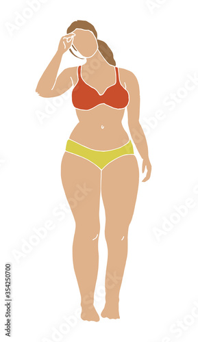 vector illustration. a woman is standing in a swimsuit. Fat white young woman in a swimsuit. body positive, feminism. limited color palette. isolated on white background