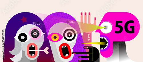 People afraid of 5G radiation modern art vector illustration. Dangerous radiation comes from the eyes of an evil engineer.