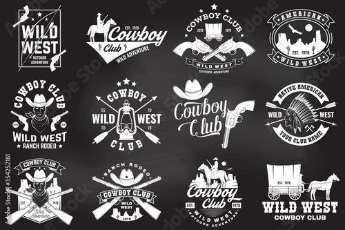Set of cowboy club badge on chalkboard. Vector. Concept for shirt, logo, print, stamp, tee with cowboy and shotgun. Vintage typography design with wild west and western rifle silhouette.