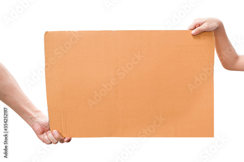 Two hand holding blank brown paper isolated on white background with clipping path © banphote