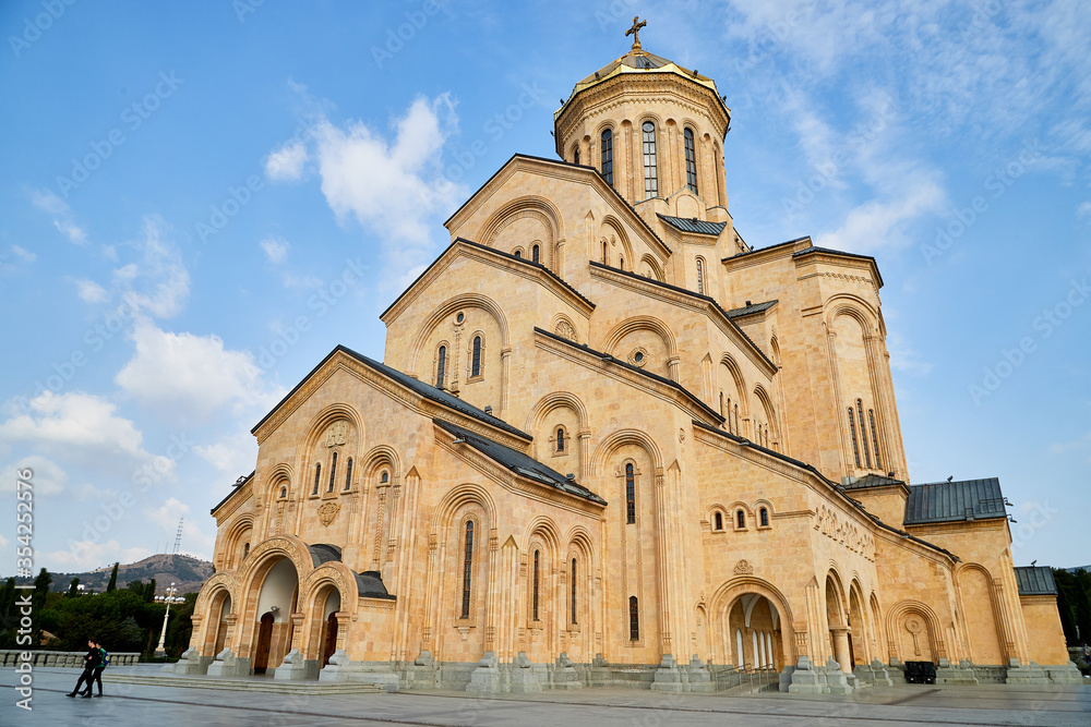 Tbilisi, Georgia - October 21, 2019: Big orthodox cathedral St. Trinity or Chirch Sameba in Tbilisi city in Georgia and blue sky background