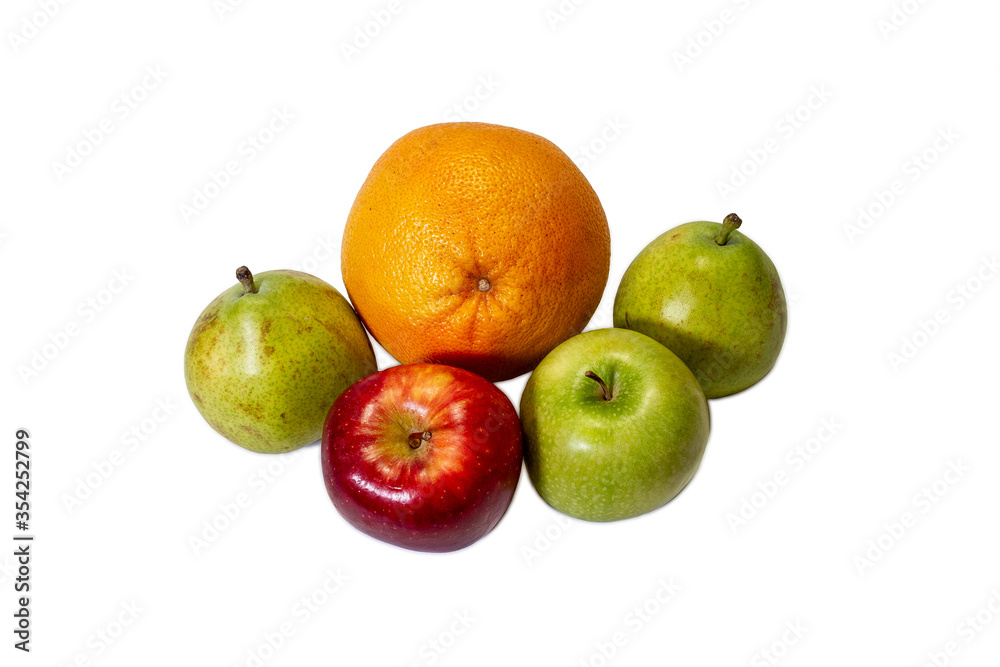 Grapefruit, two apples and two pears close-up on a white background. Isolate. Grapefruit, two apples and two pears close-up on a white background. Isolate.