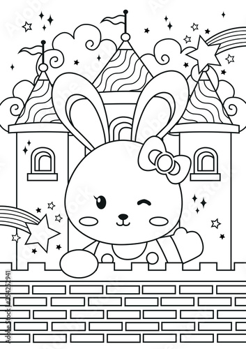 Bunny Princess in the castle coloring pages. Kids coloring book. Worksheet for children. 