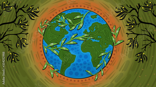 Go green painting. Aboriginal dot art depicting save the nature