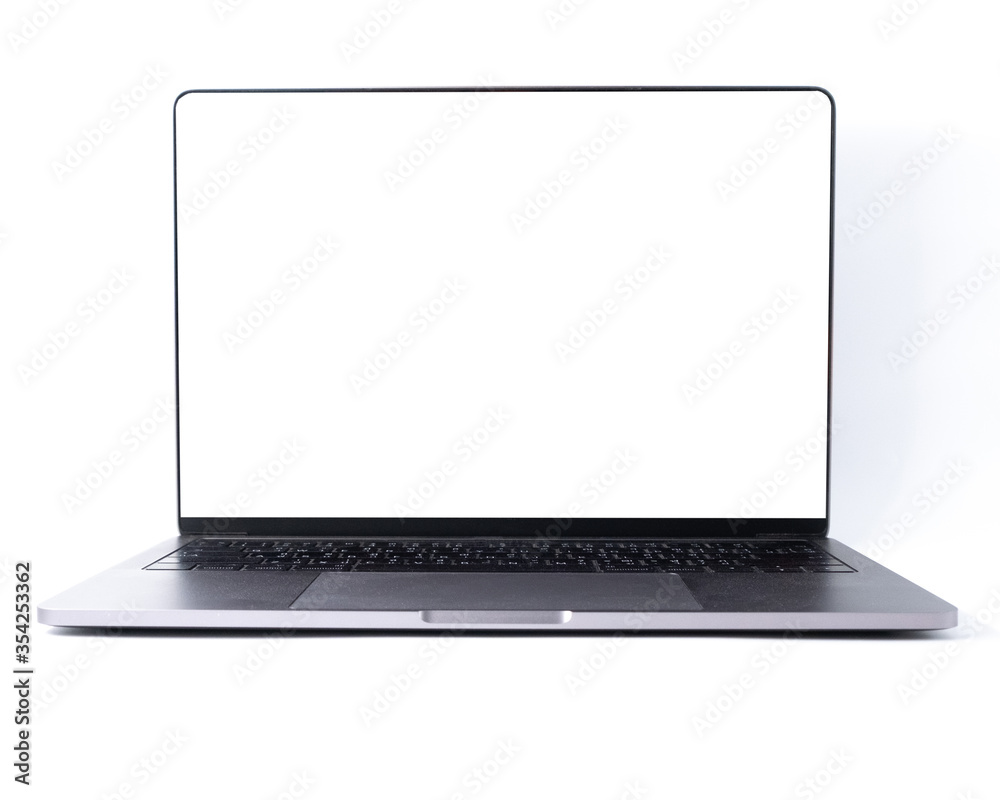 Fototapeta premium Front view blank monitor screen of a modern laptop with the mockup, aluminum body material, isolated on white background. Clipping path, technology and website system concept