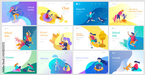 Landing page template with Happy school children joyfully jumping and laughing. Concept of happiness, gladness and fun. Vector illustration for banner