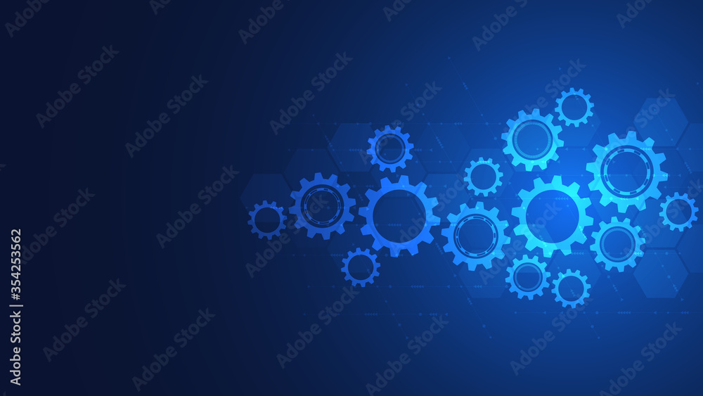 Cogs and gear wheel mechanisms. Hi-tech digital technology and engineering. Abstract technical background.