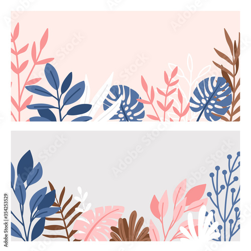 Decorative border of branches and leaves. Illustration foliage with minimalism plants  pink and grey elegant frame background  decorating vector drawing style