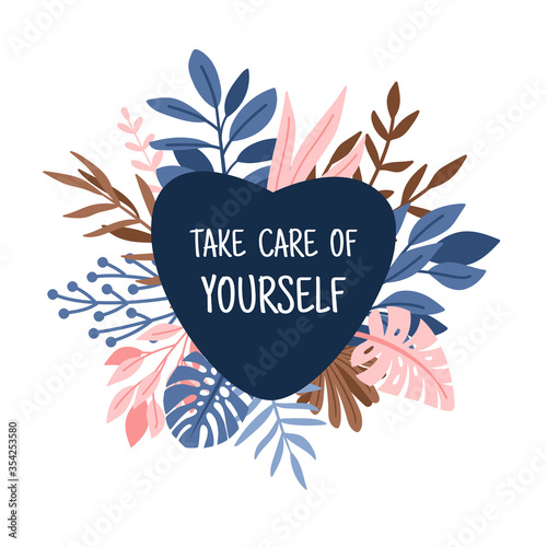 Take care heart. Lovely and caring illustration, vector logo take care of yourself, heart on decorative branches isolated on white background