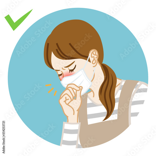 Housewife coughing  a little who wearing face mask - circular icon clipart