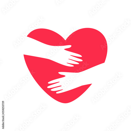 Hands embracing heart. Vector logo warm embrace, love yourself, cozy and social protection for symbol red heart isolated on white background