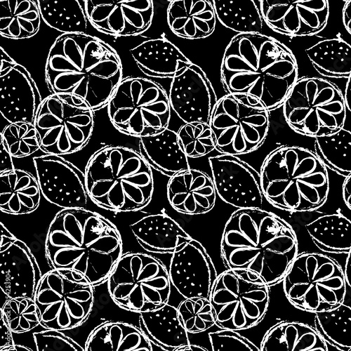 Seamless pattern tropical design. Summer black and white print with tangerine and lemon fruits. Watercolor effect. Suitable for bed linen, leggings, shorts and fashion industry.