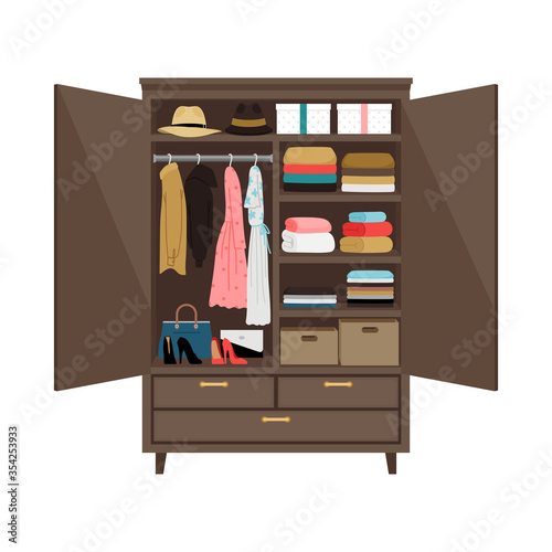 Open wardrobe. Vector illustration wooden wardrobe on white background with drawer design clothes, inside closet stand fashion, shoes standing and shelf for hats