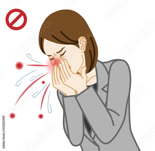 Coughing businesswoman covered mouth by hands