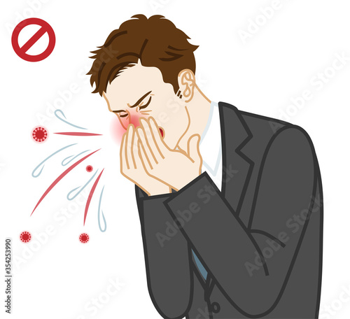 Coughing businessman covered mouth by hands