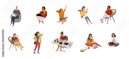 Set of beautiful girl character in daily life scenes. Young woman shopping, makes up, sleeping, relaxes, takes a bath, chooses clothes, drinking coffee. Flat cartoon vector