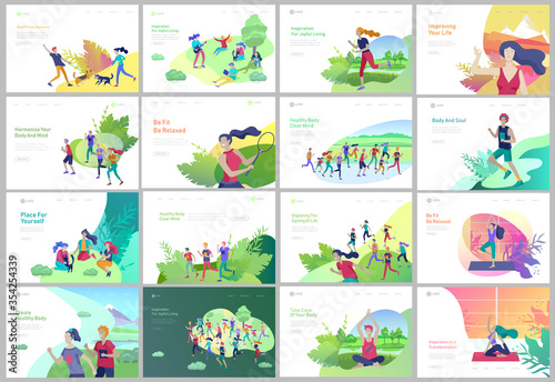 Landing page template with running man, play tennis, children riding bicycles, man doing yoga. People performing sports outdoor activities at park or Nature, healty life style. Cartoon