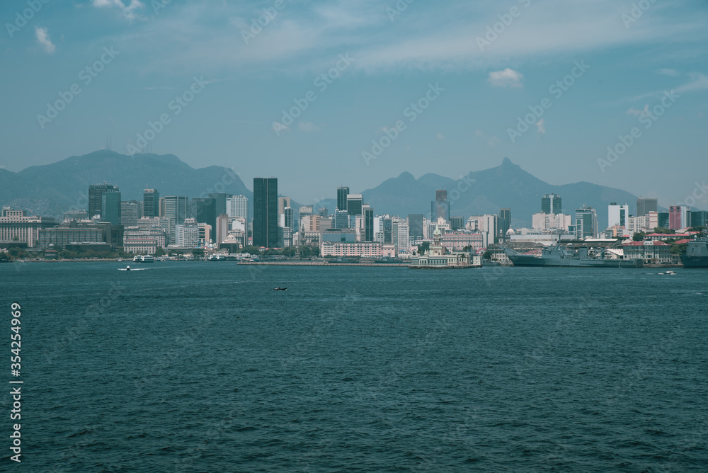 Obraz premium View of the Sugar Loaf in Botafogo, a mountain, and a landscape of Rio de Janeiro from a cable car, Brazil. 