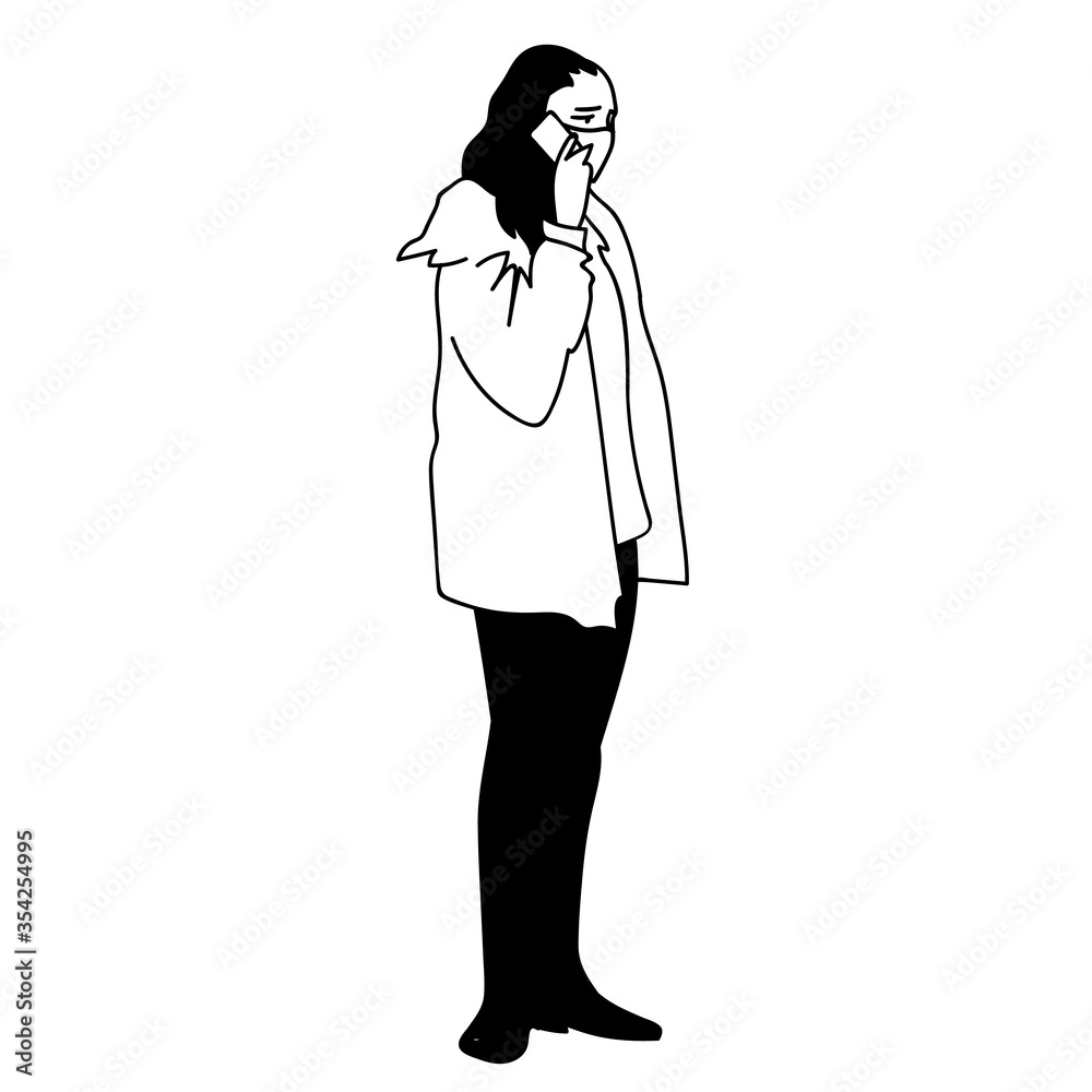 Young woman in medical mask calls relatives on phone while coronavirus pandemic. Vector illustration of sad girl in hand-drawn sketch style isolated on white background. Feeling worry about family.